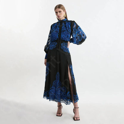Customized Unique Black Prom Gowns Contrast Color Evening Dresses Lace Long Sleeves Wedding Party Gowns Tea Length Side Slit