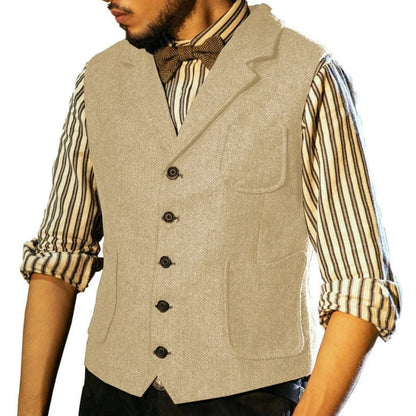 Men Vest Blue Herringbone Single Button With Lapel Pocket Waistcoat For Banquet Business Office Work Casual Daily Men Suit Vest
