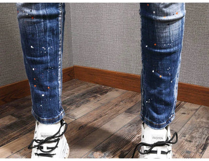 Fashion Streetwear Men Jeans Retro Black Blue Elastic Slim Fit Ripped Jeans Men Spliced Designer Embroidery Hip Hop Denim Pants