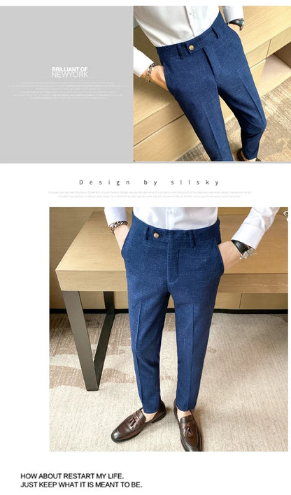 Boutique Classic Plaid and Striped Fashion Men's Casual Business Slim Suit Pants Groom Wedding Dress Trousers Party