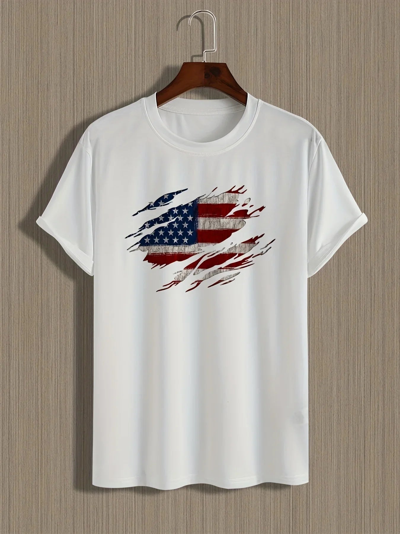 Men's Summer Casual Loose Size 100% Cotton Trendy American Flag Pattern Print Round Neck Short Sleeve T-shirt Top