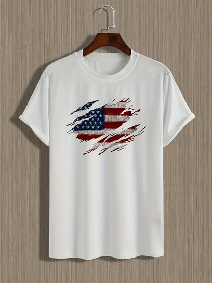 Men's Summer Casual Loose Size 100% Cotton Trendy American Flag Pattern Print Round Neck Short Sleeve T-shirt Top