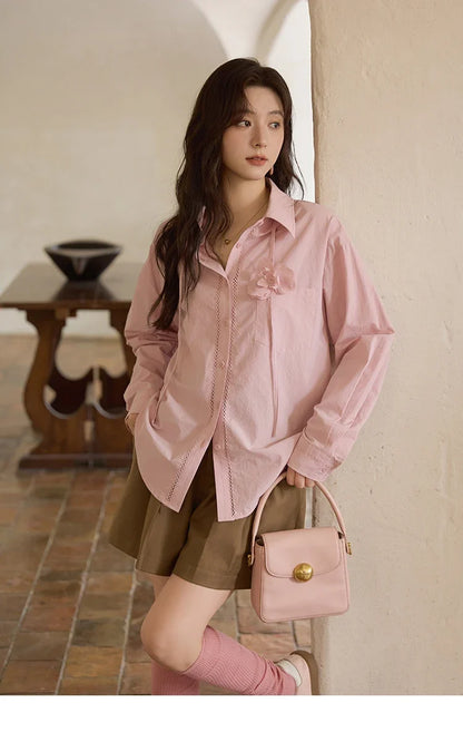 100% Cotton Shirt For Women Autumn 2025 New Fashion Petal Ribbon Button Long Sleeves Shirt Women's Clothing MXE41C2349