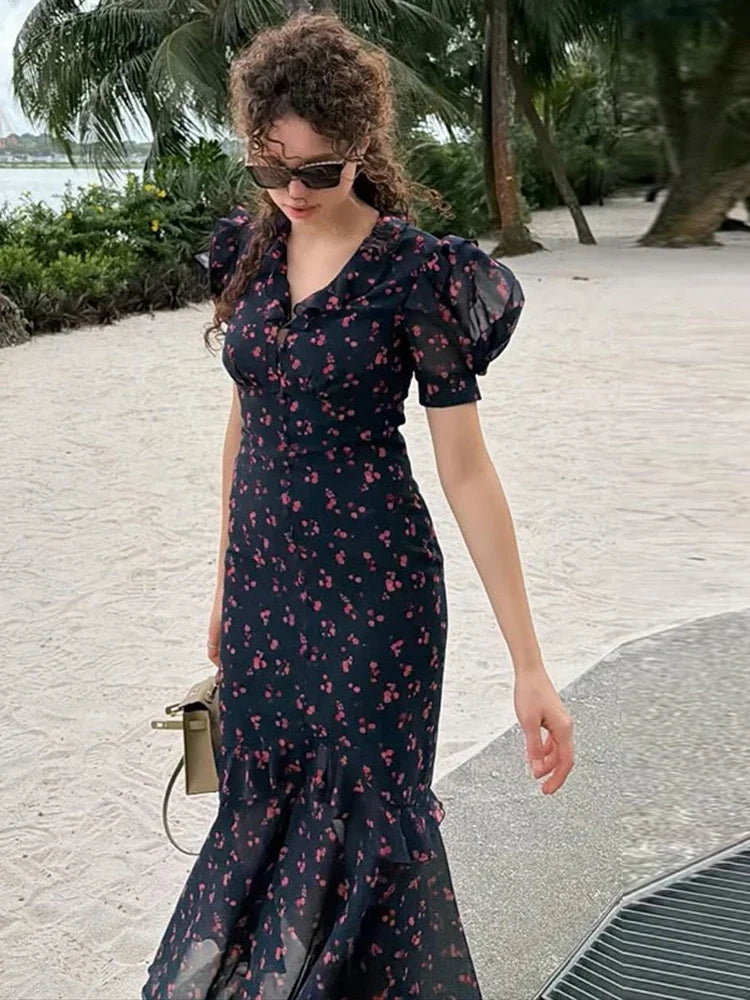 Floral Print Women's Summer Ruffle Dress Sexy V-neck Short Puff Short Sleeve Beach Slim Female Dress 2026 Holidays Lady Robe