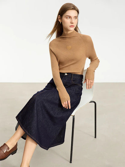 Minimalist Women Denim Skirt 2025 Autumn New French Retro Loose Basics Casual A-line Office Lady Cotton Midi Skirt 12343070