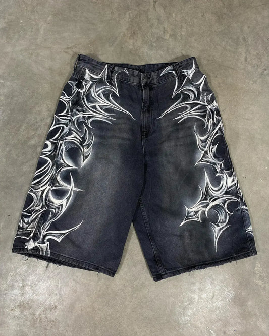 American Retro Gothic Halloween Geometry Graffiti Print Denim Shorts Men Women Y2k Low Waist Baggy Knee Length Jeans Jorts Short