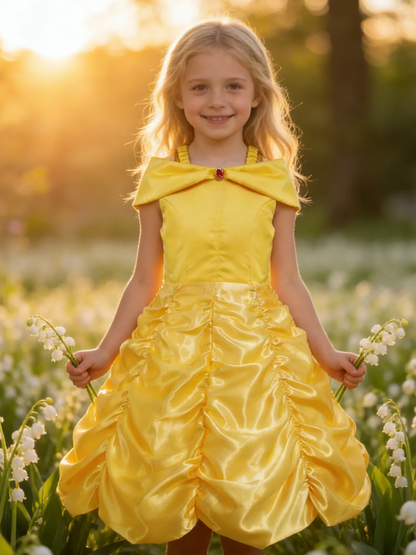 Off Shoulder Yellow Princess Dress for Kids Girl Belle Role Playing Clothing Fancy Carnival Party Birthday Ball Gowns Halloween