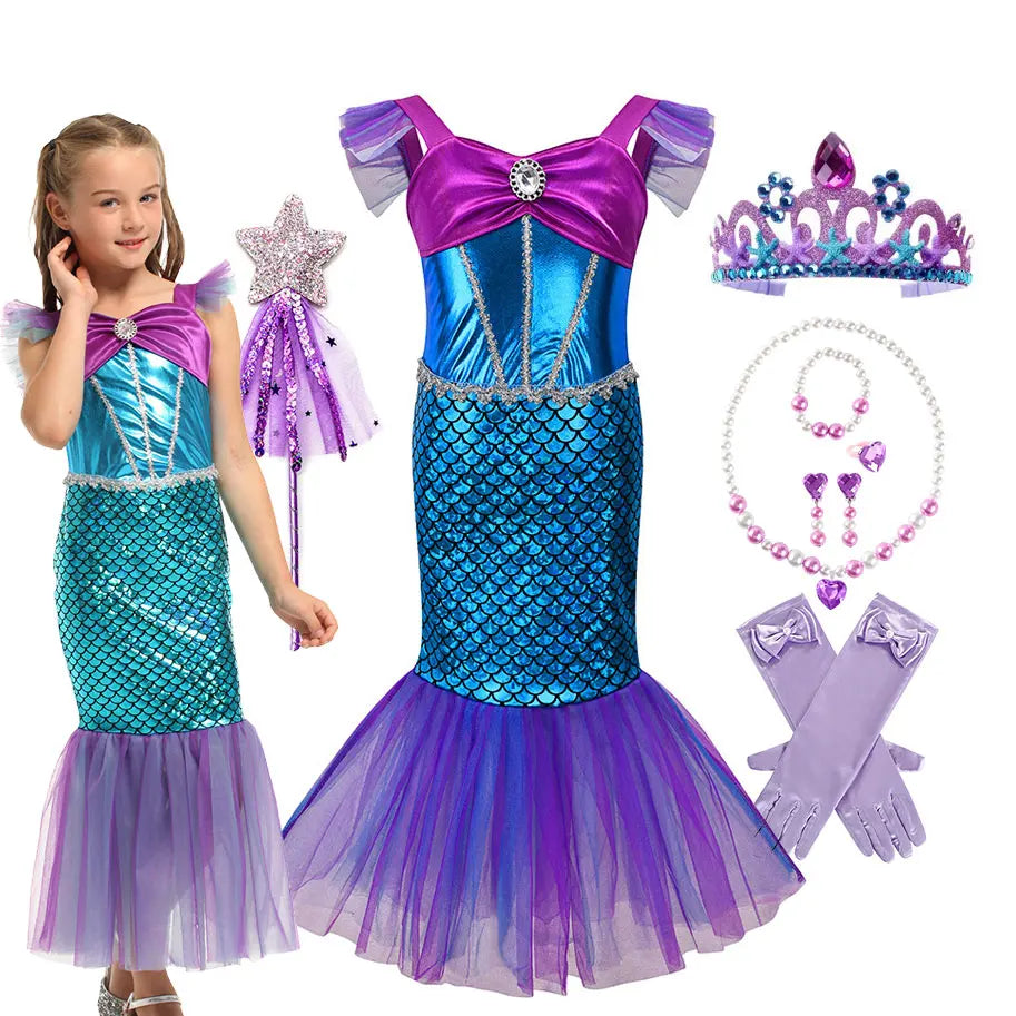 2-10Y Little Kid Mermaid Inspired Princess Clothing Pageant Fairy Role Playing Girl Birthday Party Dress Halloween Siren Cosplay