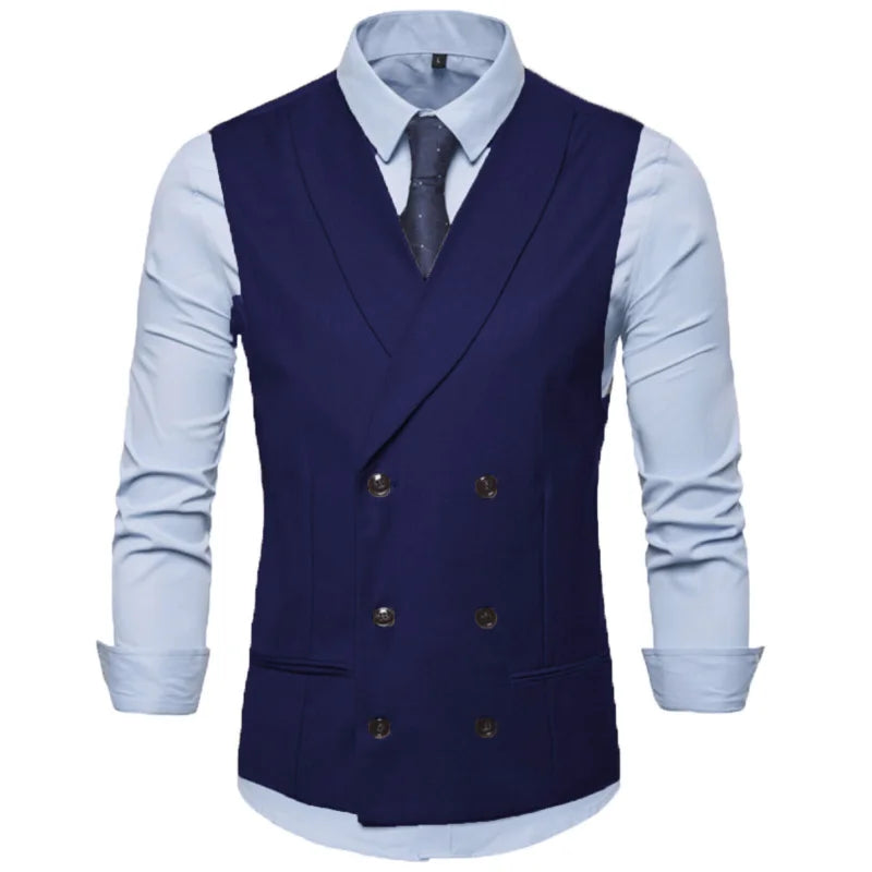 Men Vest Black Solid With Lapel Double Button Waistcoat For Regular Slim Wedding Banquet Business Work Men Suit Vest