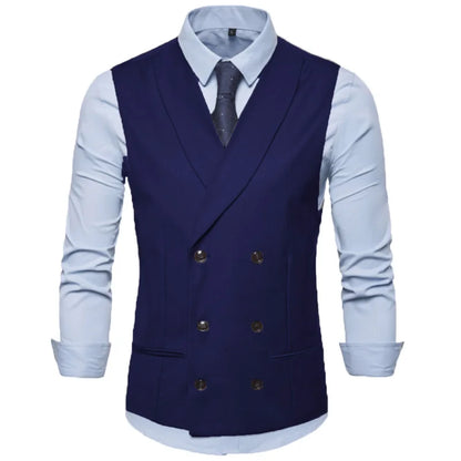 Men Vest Black Solid With Lapel Double Button Waistcoat For Regular Slim Wedding Banquet Business Work Men Suit Vest