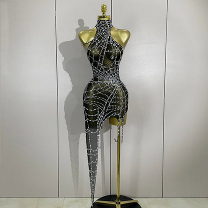 STOCK Sparkly Diamond Sexy Mesh Asymmetric Bodycon Mini Dress Women Nightclub Bar Party Show Gogo Dancer Clothing Stage Costume