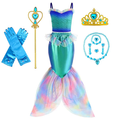 2024 NEW Two Pieces Mermaid Dress up Top and Tail Skirt Girls Off Shoulder Princess Dress Ariel Role Play Kids Halloween Apparel