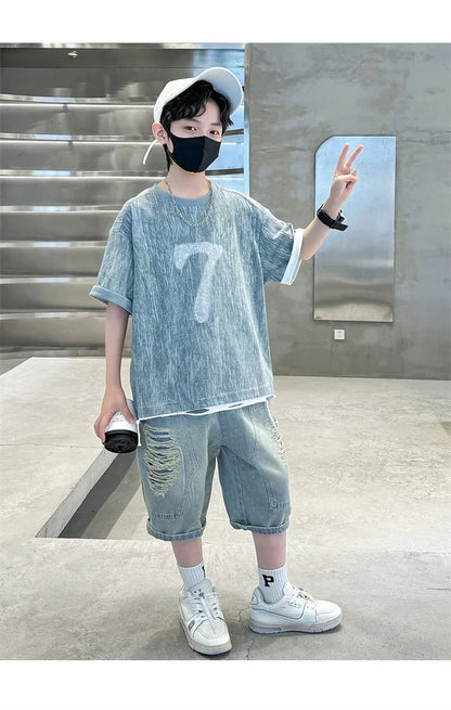 Cool Cowboy Outfit Costume Suit for Kids Child Summer Clothes Set Denim T-shirt and Ripped Shorts Clothes Set for Teens Boy 5-14