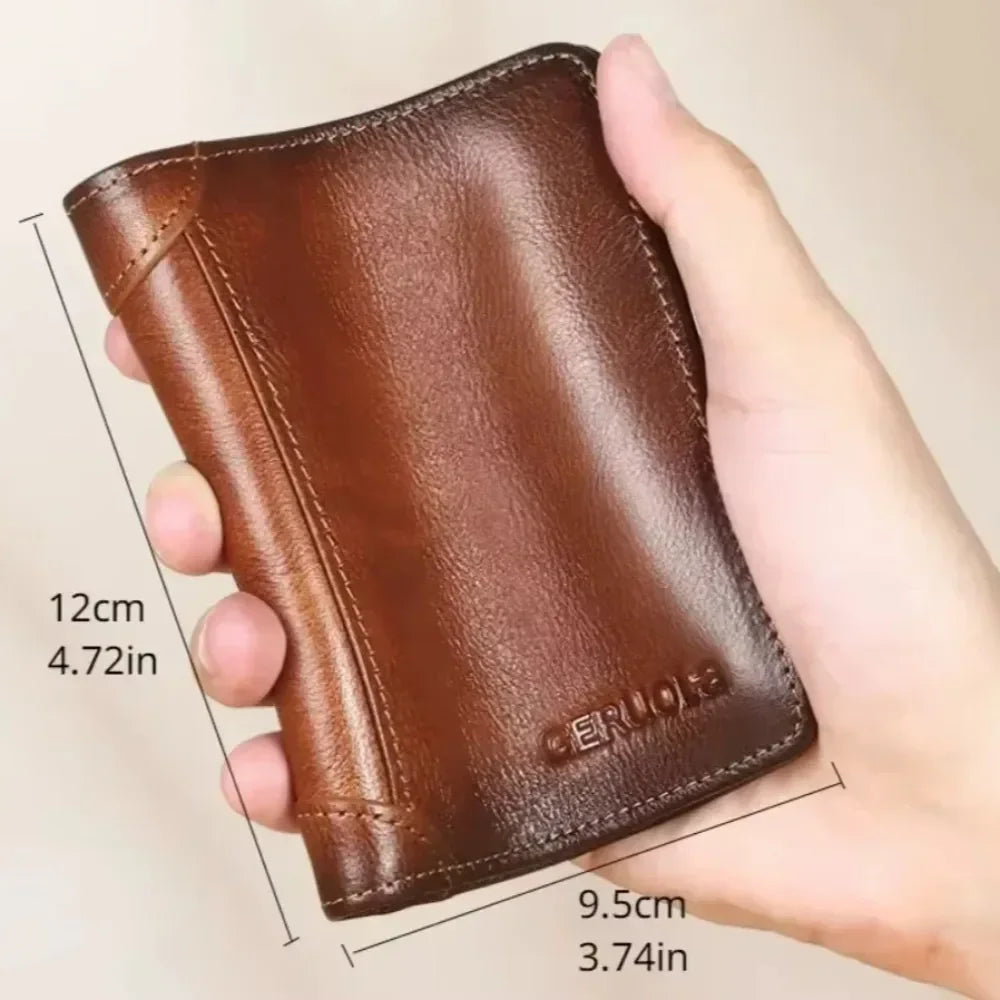 Men Wallet Genuine Leather Rfid Blocking Trifold Wallet Vintage Thin Short Multi Function ID Credit Card Holder Male Purse Money