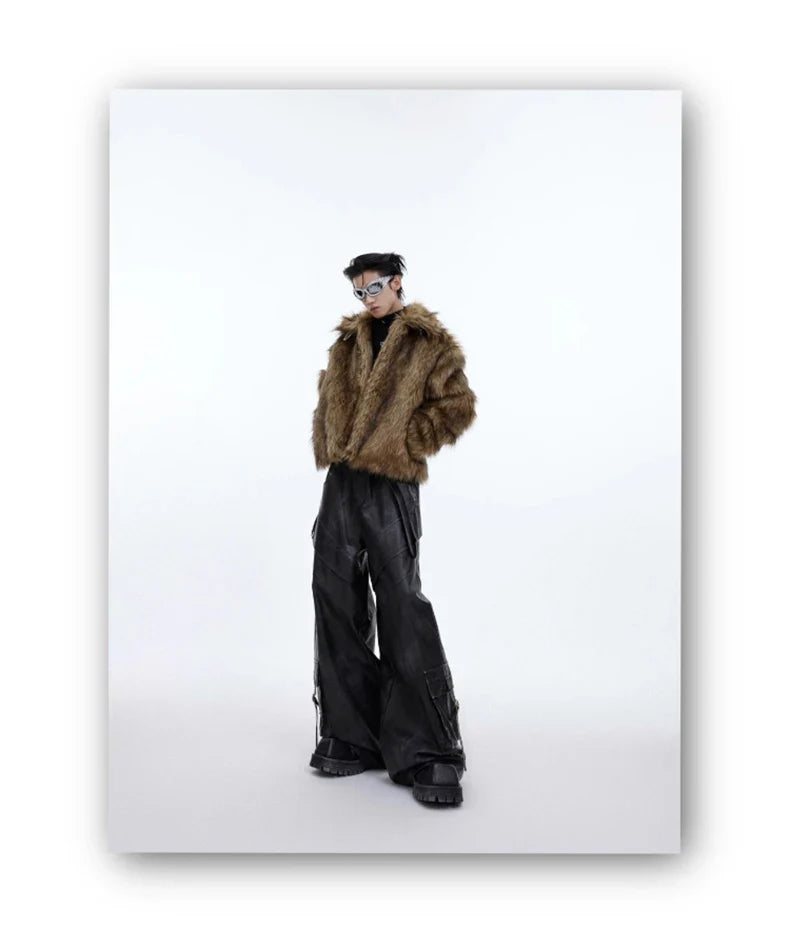 Winter Short Thick Warm Brown Hairy Soft Faux Fur Coat Men with Turn-down Collar Long Sleeve Fluffy Jackets 2024