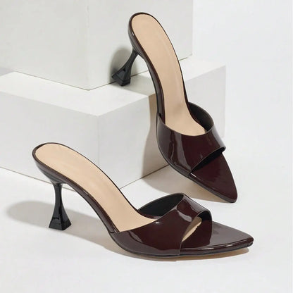 New Ladies Pointed Toe Mirror Surface Sandals High Heels Coffee Brown Strap Thin High Heel slippers Women 2026
