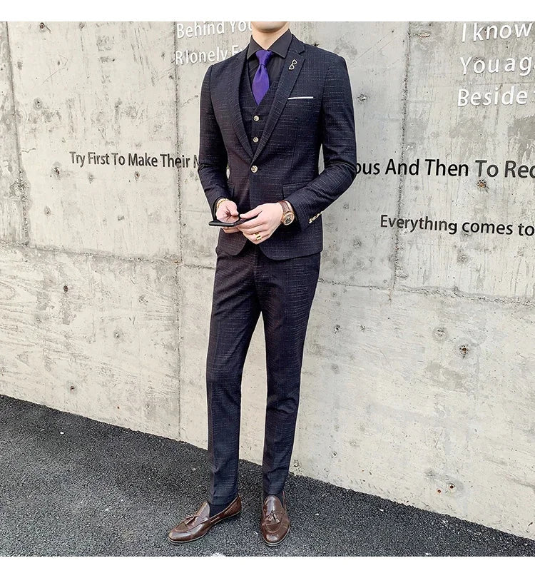 High Quality Slim-fit Men's Three-piece Suit with Vest And Trousers - Double Buckle Wedding Art Fabric Tough Man Suit