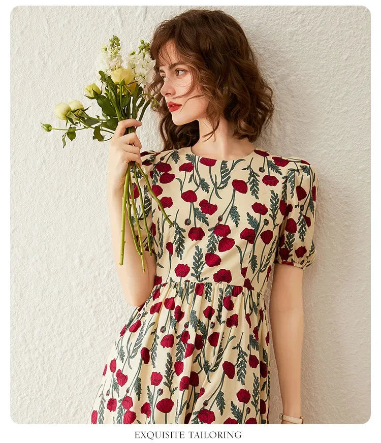 French Floral Print Dress Women 2026 Summer Round Neck Puff Sleeve Fitted Long Dress Casual Streetwear Outfits