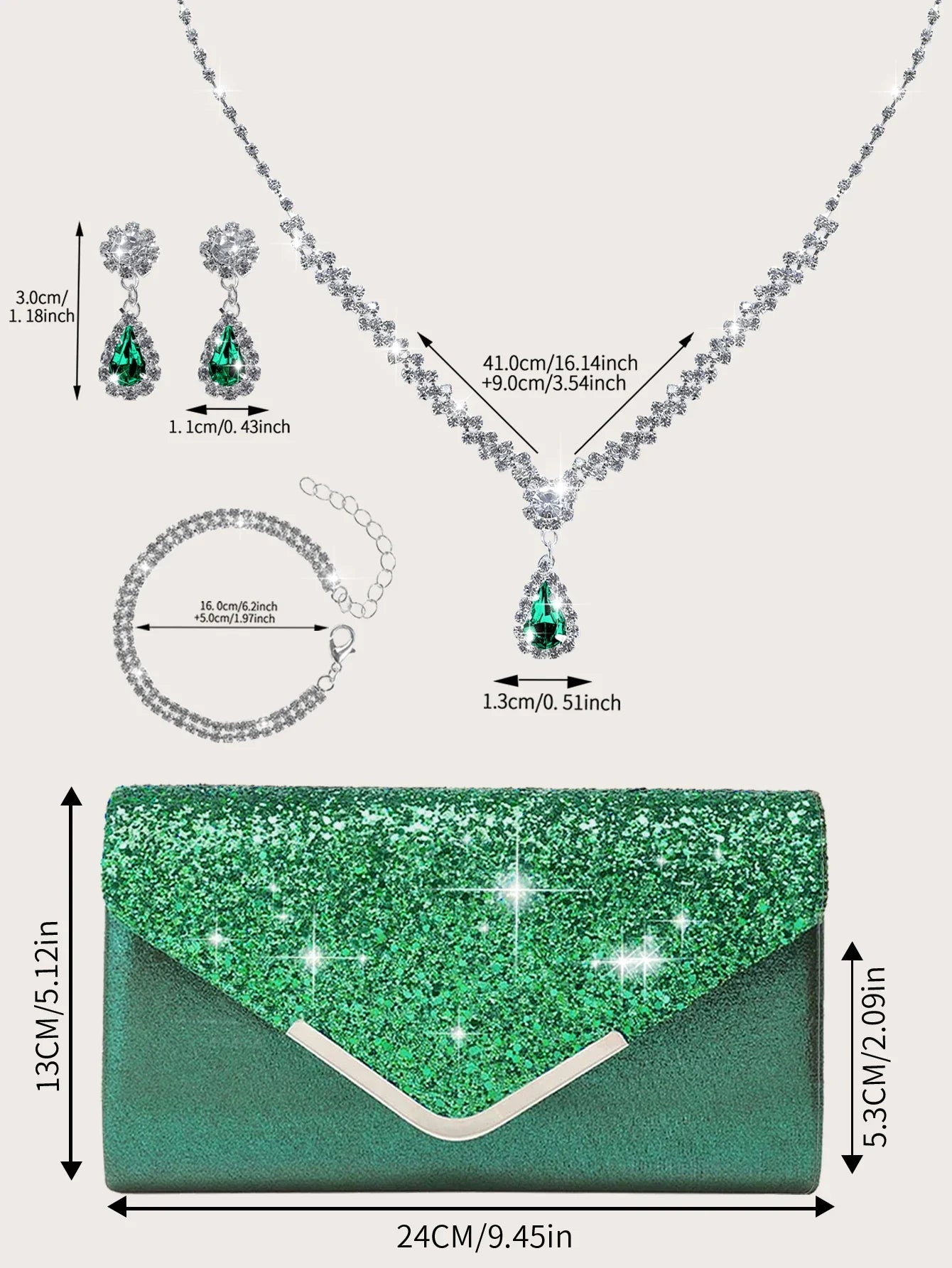 Gorgeous and elegant sparkly women's clutch bag, paired with a gorgeous rhinestone necklace, earrings and bracelet set of four.
