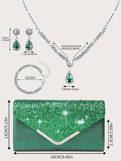 Gorgeous and elegant sparkly women's clutch bag, paired with a gorgeous rhinestone necklace, earrings and bracelet set of four.