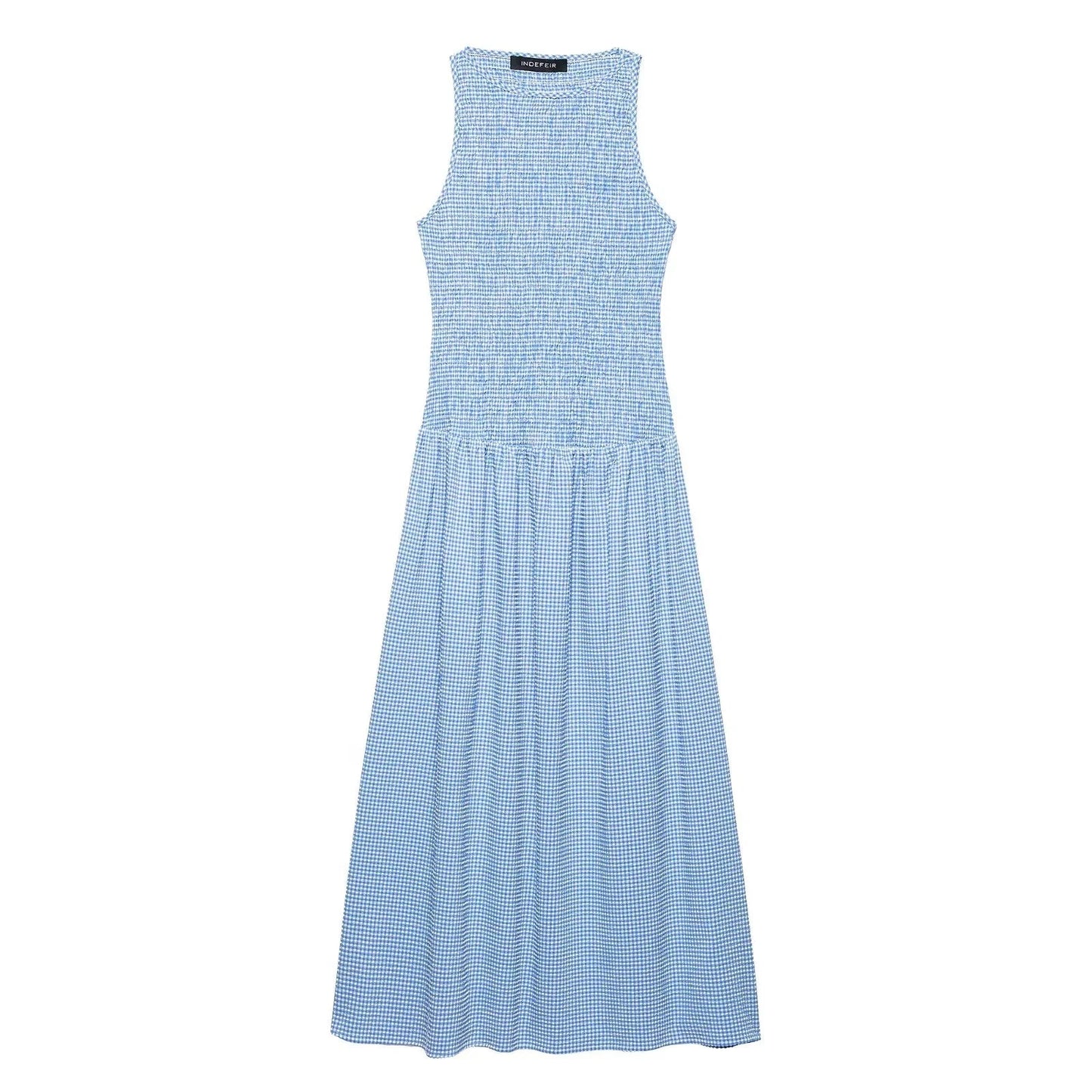 Dress for Women Fashion Summer New Plaid Fold Sleeveless O-neck Midi Vest Dresses French Chic Female Evening Clothing