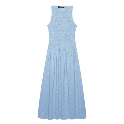 Dress for Women Fashion Summer New Plaid Fold Sleeveless O-neck Midi Vest Dresses French Chic Female Evening Clothing