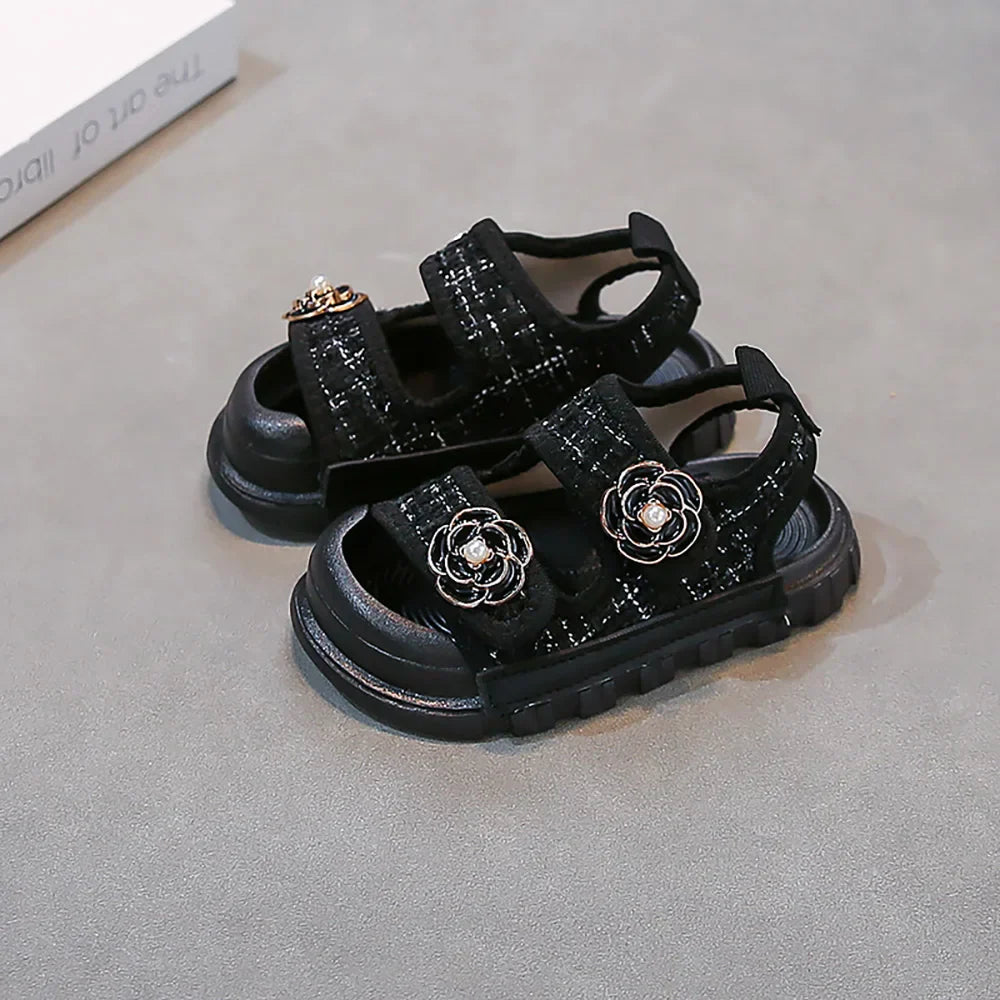 Korean Style Summer Sandals For Girls Luxury Pearl Flower Children's Beach Shoes Ergonomics Soft-soled Kid's Girl's Sandals