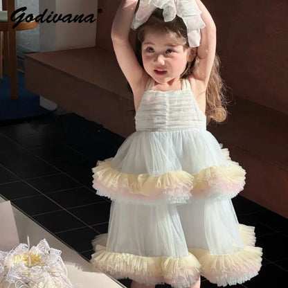 Sweet Baby Girls Elegant Rainbow Gradient Tutu Princess Cake Sundress Kids Tulle Ruffle Trim Puffy Birthday Party Casual Gown