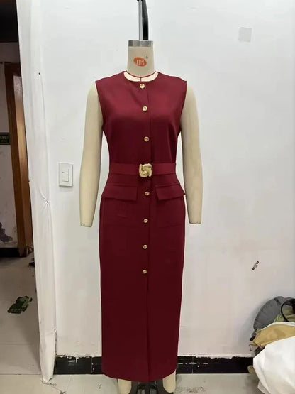 Female Summer Elegant Midi Dress O-Neck Hem Slit With Belt Sleeveless Single Breasted Back Zipper Fashion Long Dress