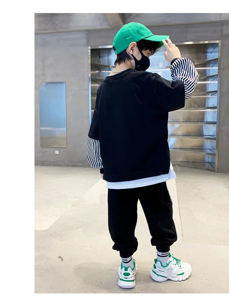 Spring Autumn Girls Boys Striped Patchwork Workout Sweatshirt+Sweatpant Set School Kid 2PCS Tracksuit Child Jogger Outfit 3-14Yr