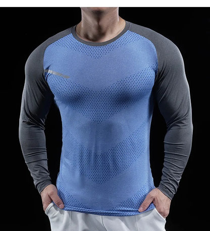 Autumn Winter Men Gym Fitness Display Long Sleeve T-Shirt Crew Neck Elastic Moisture Wicking Tights Running Training Bottom Top