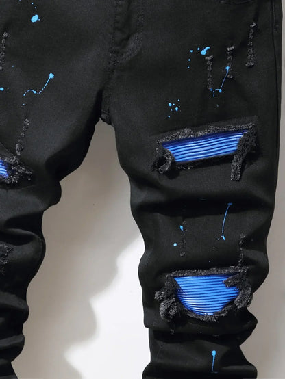 Men's Jeans Cool Ripped Skinny Trousers Stretch Slim Denim Jeans Pants Patchwork Hip Hop Black Blue Casual Jogging Jeans for Men