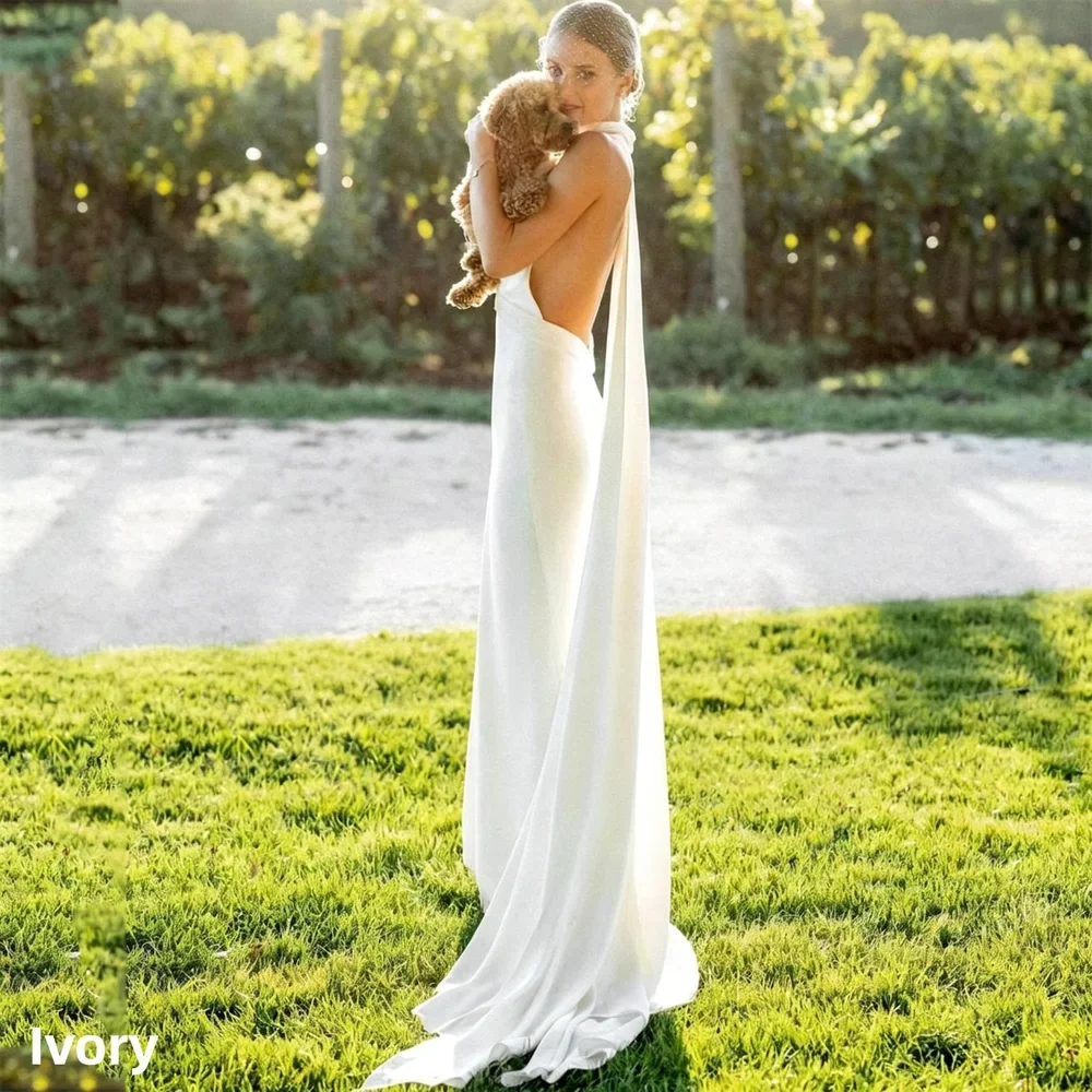 Customized Elegant Simple V-Neck Halter Mermaid Crepe Wedding Dresses For Women Boheimian Backless Sweep Train Bridal Gown