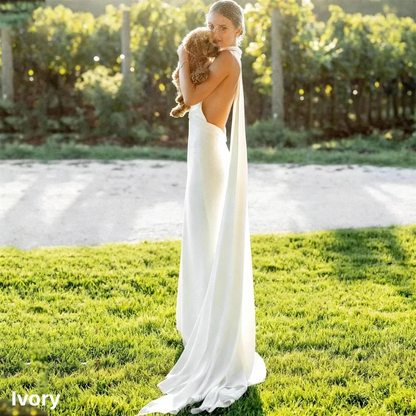 Customized Elegant Simple V-Neck Halter Mermaid Crepe Wedding Dresses For Women Boheimian Backless Sweep Train Bridal Gown