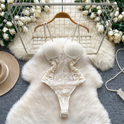 Sexy Lace Push Up Bodysuit See Through Mesh Patchwork Sleeveless Slim Thin One Pieces Elegant Women's Strappy Lingerie