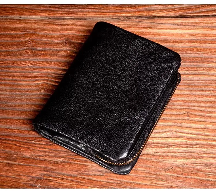 Original vegetable tanned cowhide short wallet, retro top layer cowhide wallet, handmade genuine leather multifunctional wallet