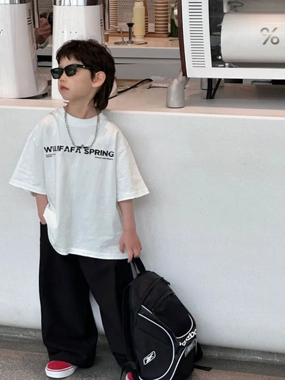 Red Cotton T-Shirt for Tween Boys Girls Loose Fitting Trendy Unisex Summer Top with Embroidered Letters Youthful Casual Wear