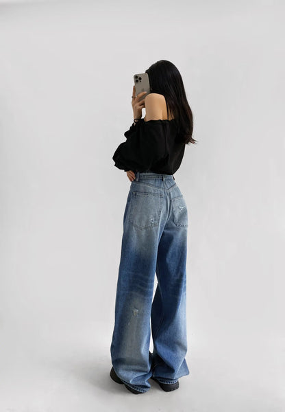 American Retro Cuffed High Waist Slimming Casual Denim Jeans Women's Autumn Versatile Loose Straight Leg Floor-Length Pants