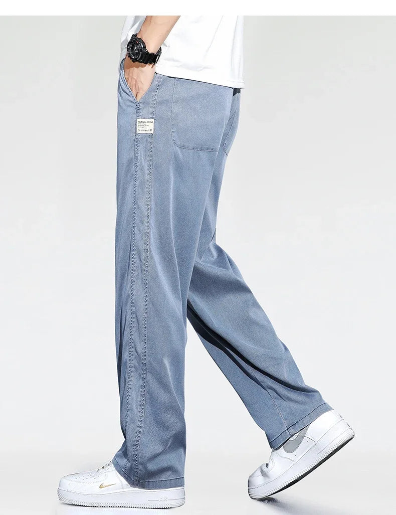Summer Thin Loose Wide-leg Men Jeans Soft Lyocell Elastic Fashion Casual Straight Drawstring Denim Trousers Black Blue Gray