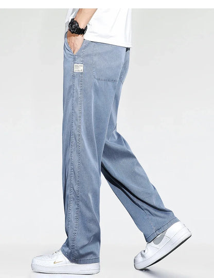 Summer Thin Loose Wide-leg Men Jeans Soft Lyocell Elastic Fashion Casual Straight Drawstring Denim Trousers Black Blue Gray