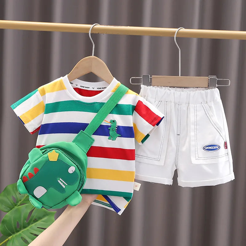 Summer Baby Boys Clothes Set Children Striped Cartoon T-Shirt Pants Bag 3Pcs/Sets Kids Girls Clothing Infant Costume Traksuits