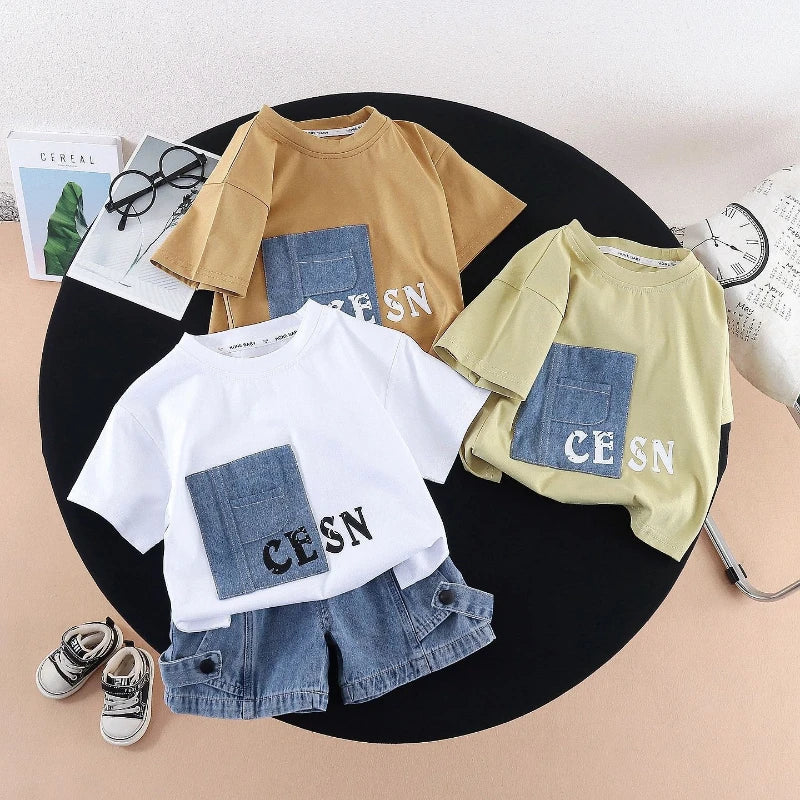 New Summer Fashion Baby Boys Clothes Suit ChildrenPocket Patch T-shirt+ Denim Shorts 2Pcs/Set Toddler Clothing Kids Tracksuits