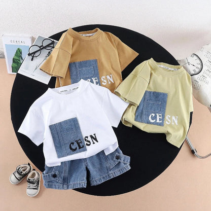 New Summer Fashion Baby Boys Clothes Suit ChildrenPocket Patch T-shirt+ Denim Shorts 2Pcs/Set Toddler Clothing Kids Tracksuits