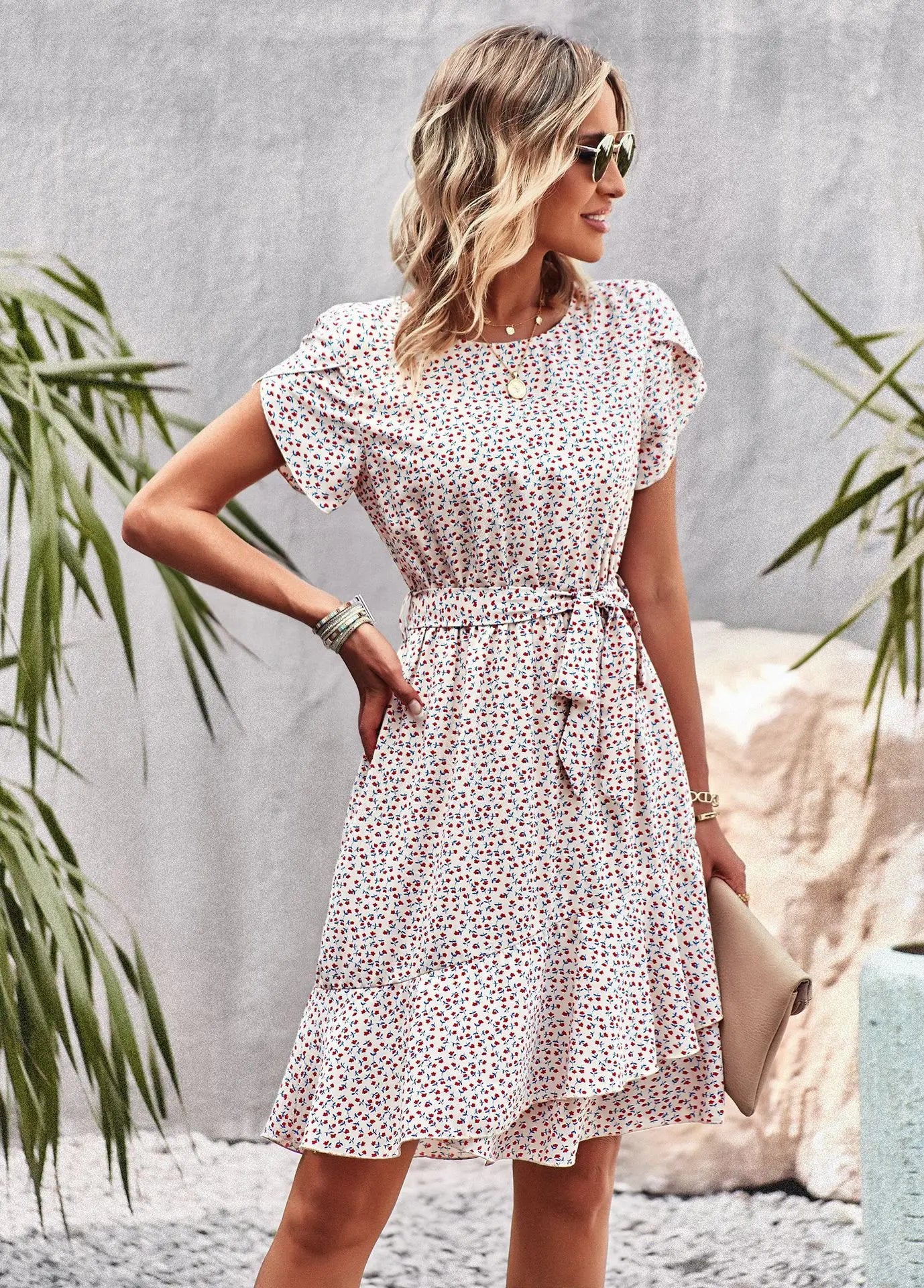 Summer O Neck Casual Printd Women Strap High Waist Pleated Floral Dress