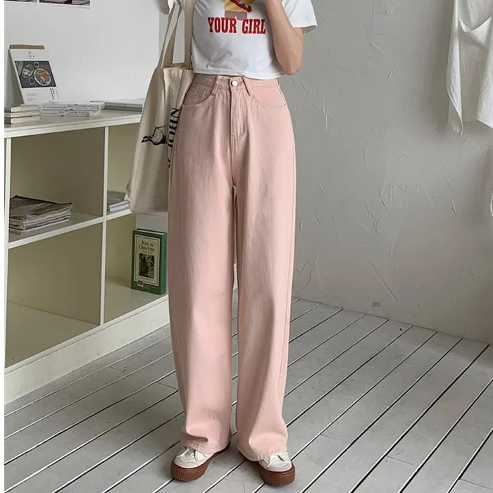 Korean Sle Simple Pure Color Wide Leg Jeans Pants for Women Summer Season Fall Collection Faion Ladies Premium Denim