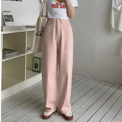 Korean Sle Simple Pure Color Wide Leg Jeans Pants for Women Summer Season Fall Collection Faion Ladies Premium Denim