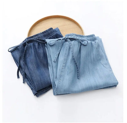 Women's Pants Summer Drawstring Wide-leg Pants Cotton Blue Calf-Length Jeans Pants Mom Elastic Waist Straight Pants Women