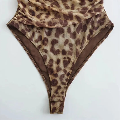 2025 Woman Body Leopard Print Mesh Sleeveless Bodysuit Women Summer Tulle Off Shoulder Tight Bodysuit Lingerie Sexy Body