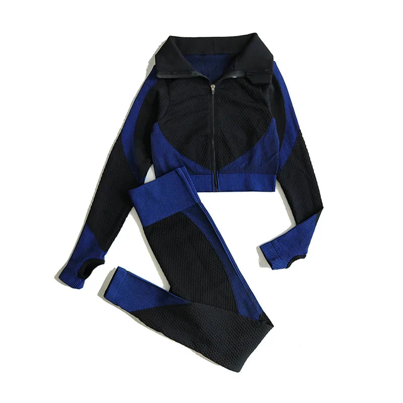 2/3Pcs Women Yoga Suit Seamless Knitted Yoga Pants Leggings Clothing Zipper Long Sleeve Crop Top Fitness Wear Sportswear Gym Set
