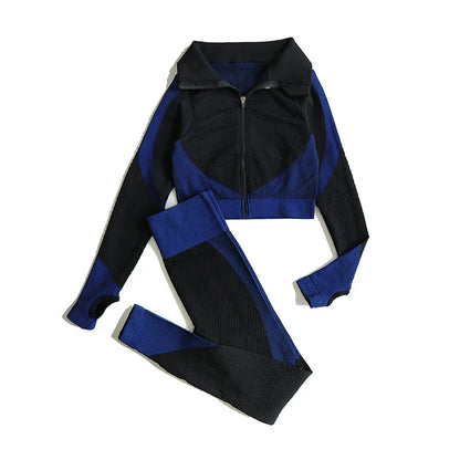 2/3Pcs Women Yoga Suit Seamless Knitted Yoga Pants Leggings Clothing Zipper Long Sleeve Crop Top Fitness Wear Sportswear Gym Set
